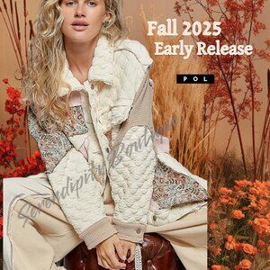 POL Fall Collection Quilted Jacquard Cotton Blend Collared Button Up Jacket